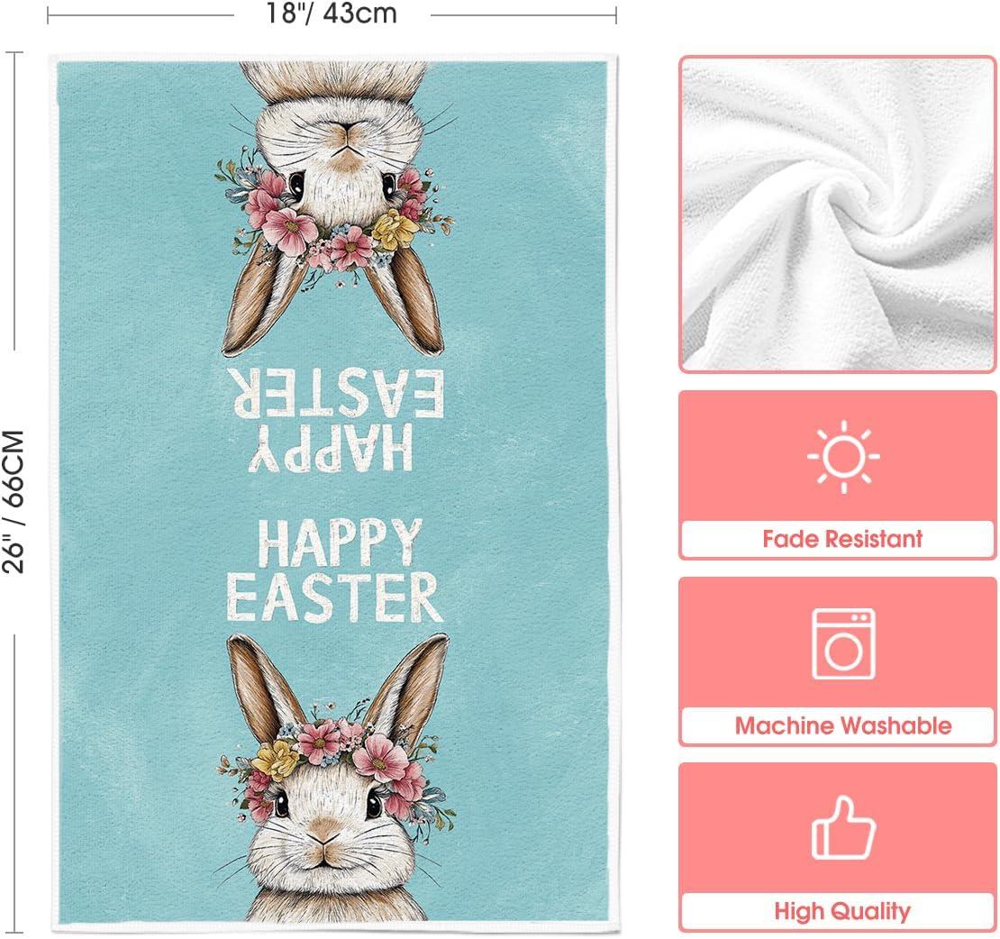 image:imageArtoid Mode Pink Rabbit Flower Wreath Happy Easter Spring Kitchen Towels Dish Towels 18x26 Inch Farmhouse Summer Decoration Cleaning Set of 2Blue