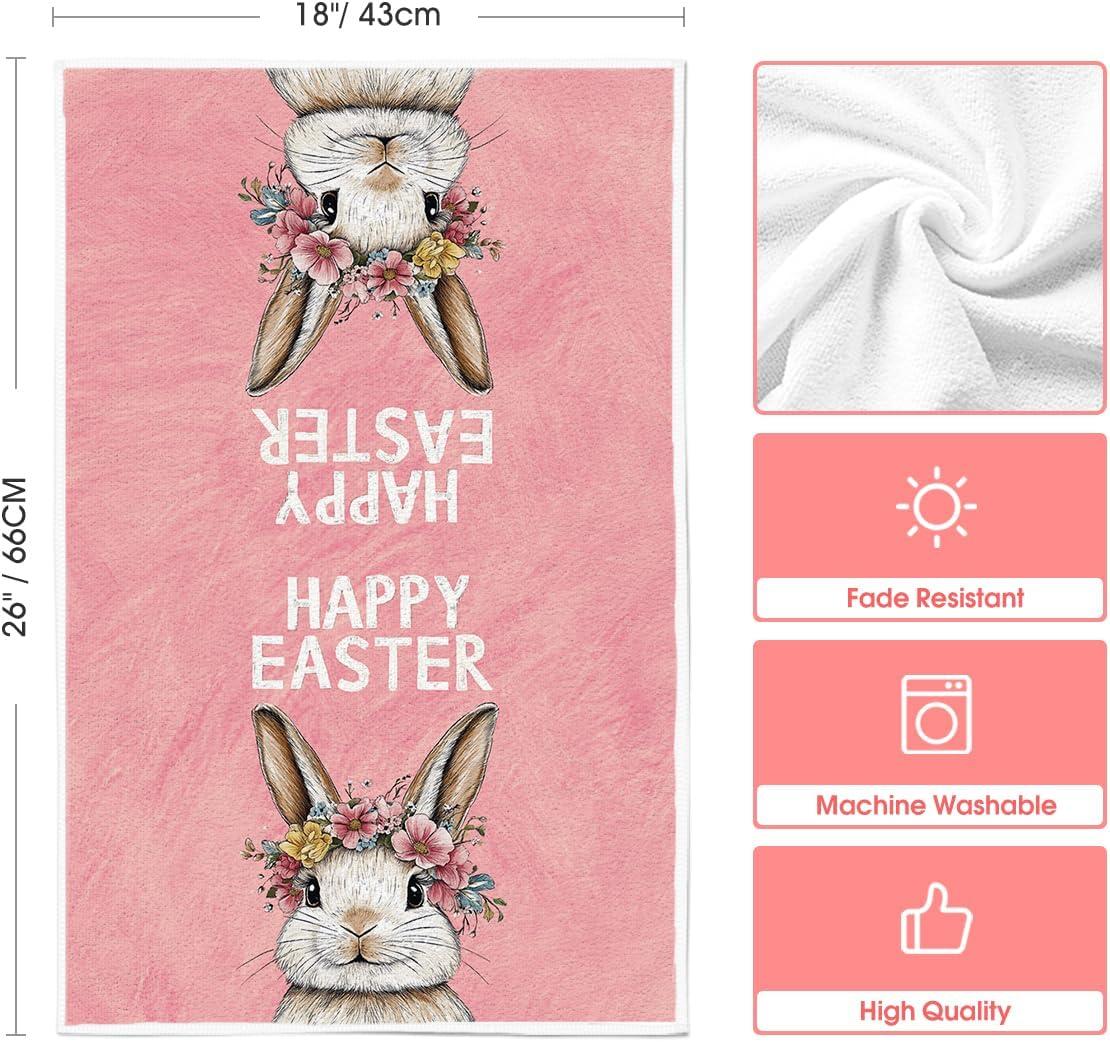 image:imageArtoid Mode Pink Rabbit Flower Wreath Happy Easter Spring Kitchen Towels Dish Towels 18x26 Inch Farmhouse Summer Decoration Cleaning Set of 2Pink