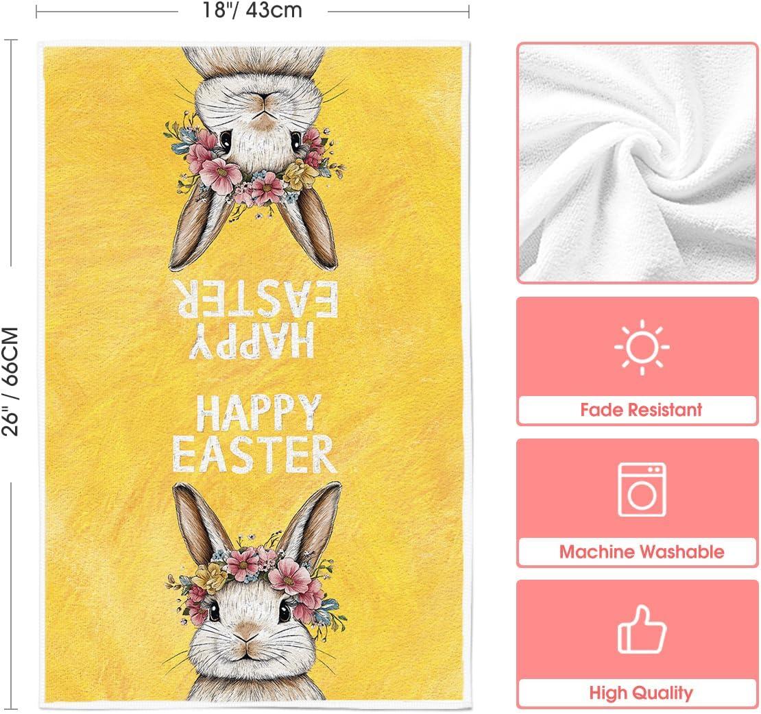 image:imageArtoid Mode Pink Rabbit Flower Wreath Happy Easter Spring Kitchen Towels Dish Towels 18x26 Inch Farmhouse Summer Decoration Cleaning Set of 2Yellow