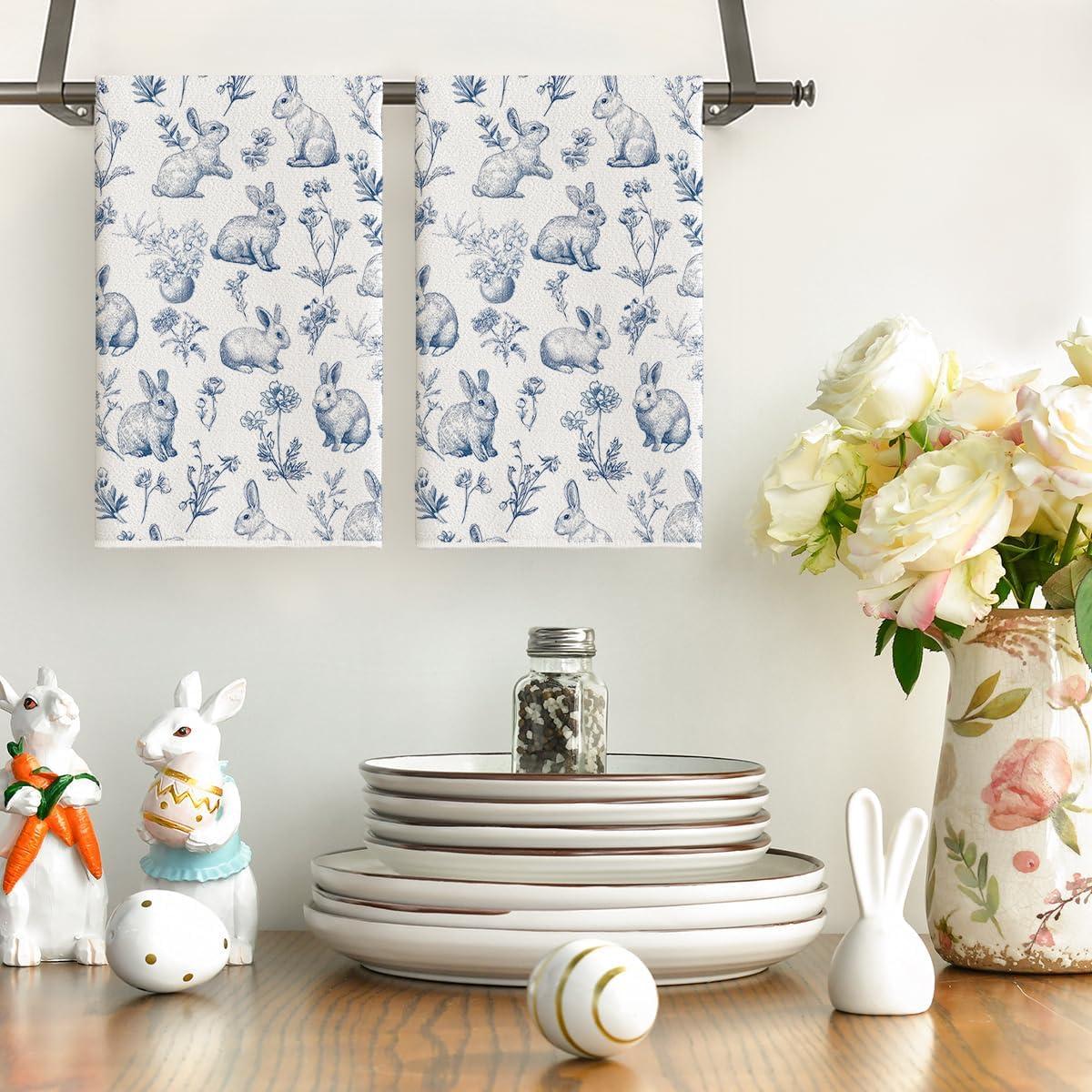 image:imageArtoid Mode Rabbit Flowers Happy Easter Spring Kitchen Towels Dish Towels 18x26 Inch Farmhouse Summer Decoration Cleaning Set of 2
