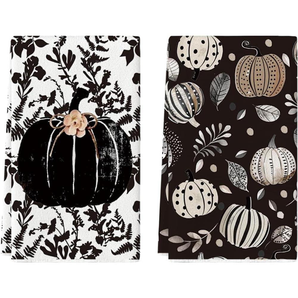 image:imageArtoid Mode Black Polka Dot Pumpkin Fall Kitchen Towels Dish Towels 18x26 Inch Farmhouse Leaves Autumn Decoration Hand Towels Set of 2