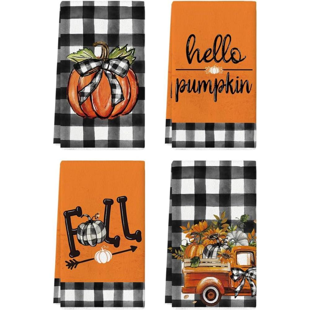 image:imageArtoid Mode Buffalo Plaid Truck Hello Pumpkin Fall Kitchen Towels Dish Towels 18x26 Inch Farmhouse Thanksgiving Decoration Hand Towels Set of 4