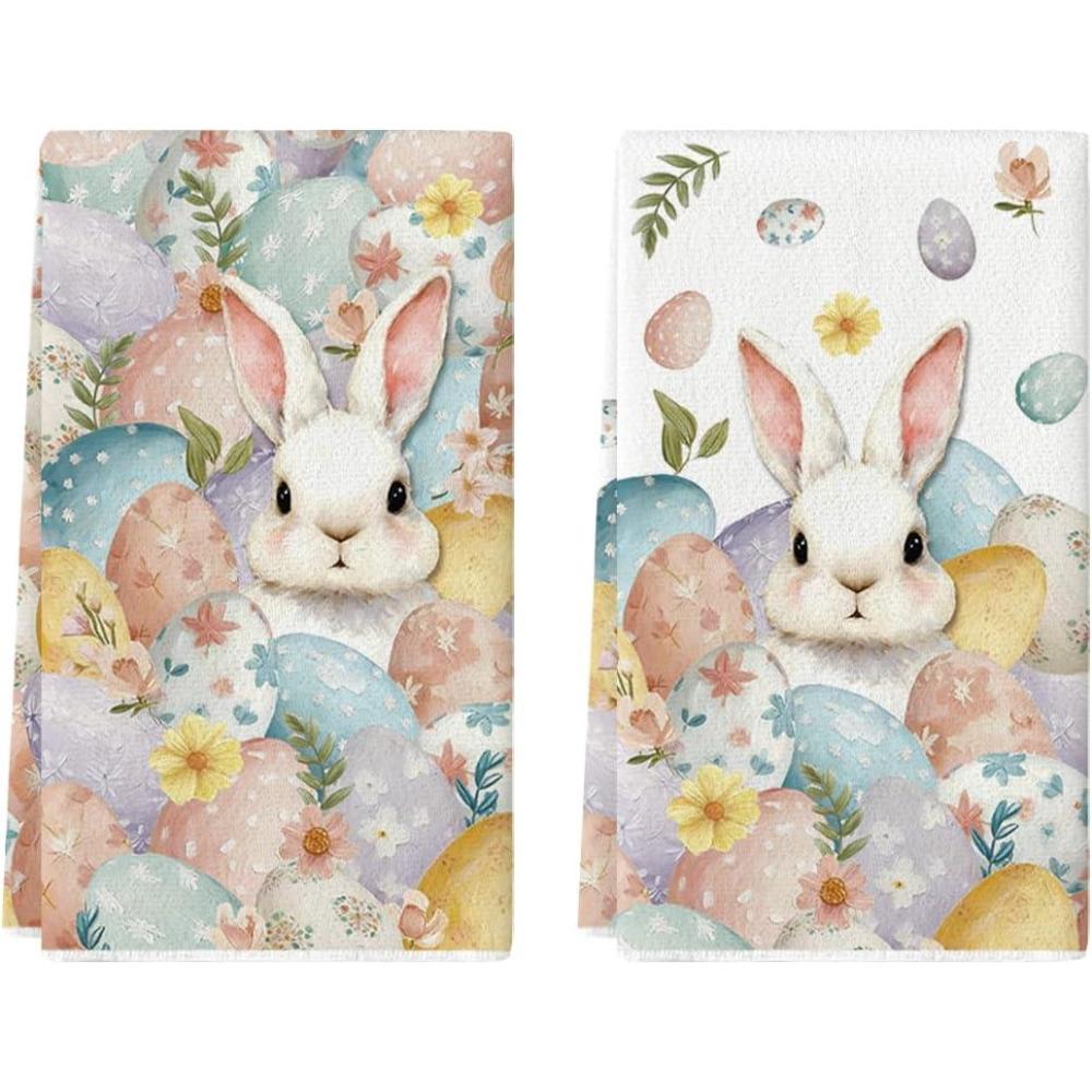 image:imageArtoid Mode Bunny Eggs Rabbit Leaves Flowers Happy Easter Spring Kitchen Towels Dish Towels 18x26 Inch Farmhouse Summer Decoration Cleaning Set of 2