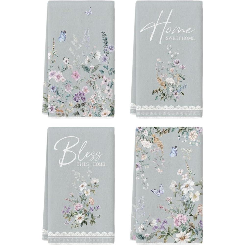 image:imageArtoid Mode Butterfly Floral Bless Home Spring Kitchen Towels Dish Towels 18x26 Inch Farmhouse Summer Decoration Cleaning Set of 4