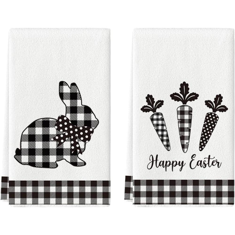 image:imageArtoid Mode Checkered Rabbit Bunny Carrots Happy Easter Kitchen Dish Towels18x26 Inch Seasonal Spring Decoration Cleaning Set of 2BlackBeige