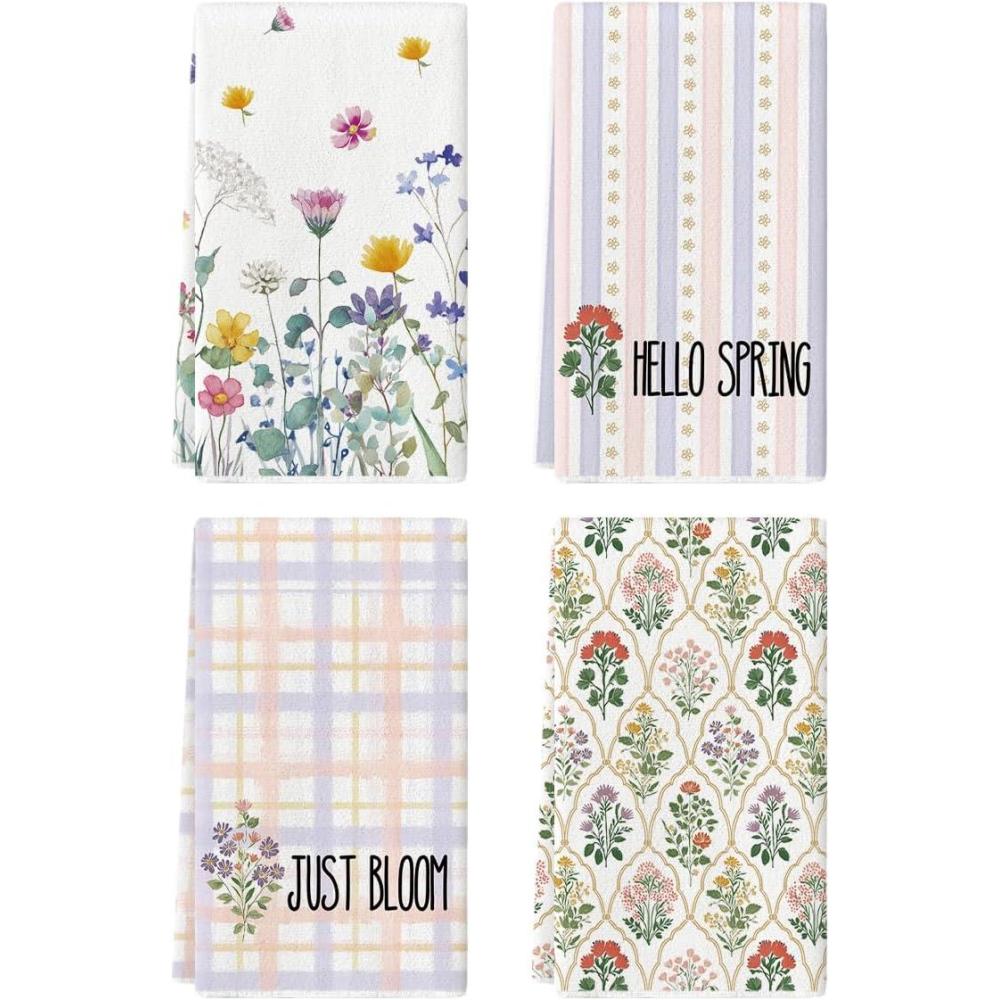 image:imageArtoid Mode Floral Stripe Design Hello Spring Kitchen Towels Dish Towels 18x26 Inch Farmhouse Summer Decoration Cleaning Set of 4