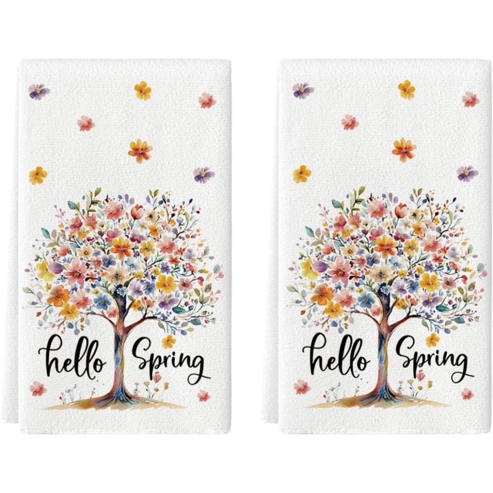 image:imageArtoid Mode Floral Tree Hello Spring Kitchen Towels Dish Towels 18x26 Inch Farmhouse Summer Decoration Cleaning Set of 2