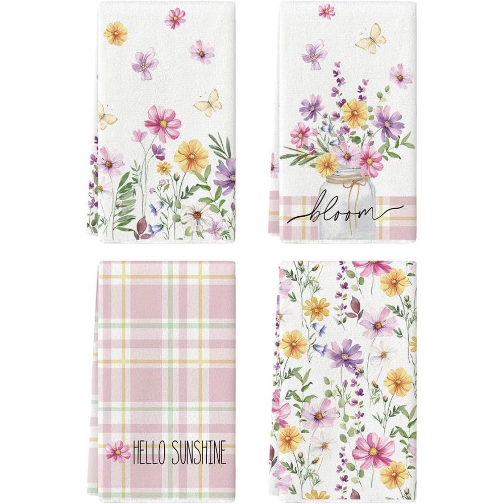 image:imageArtoid Mode Flower Vase Hello Spring Kitchen Towels Dish Towels 18x26 Inch Seasonal Decoration Hand Towels Set of 4Pink