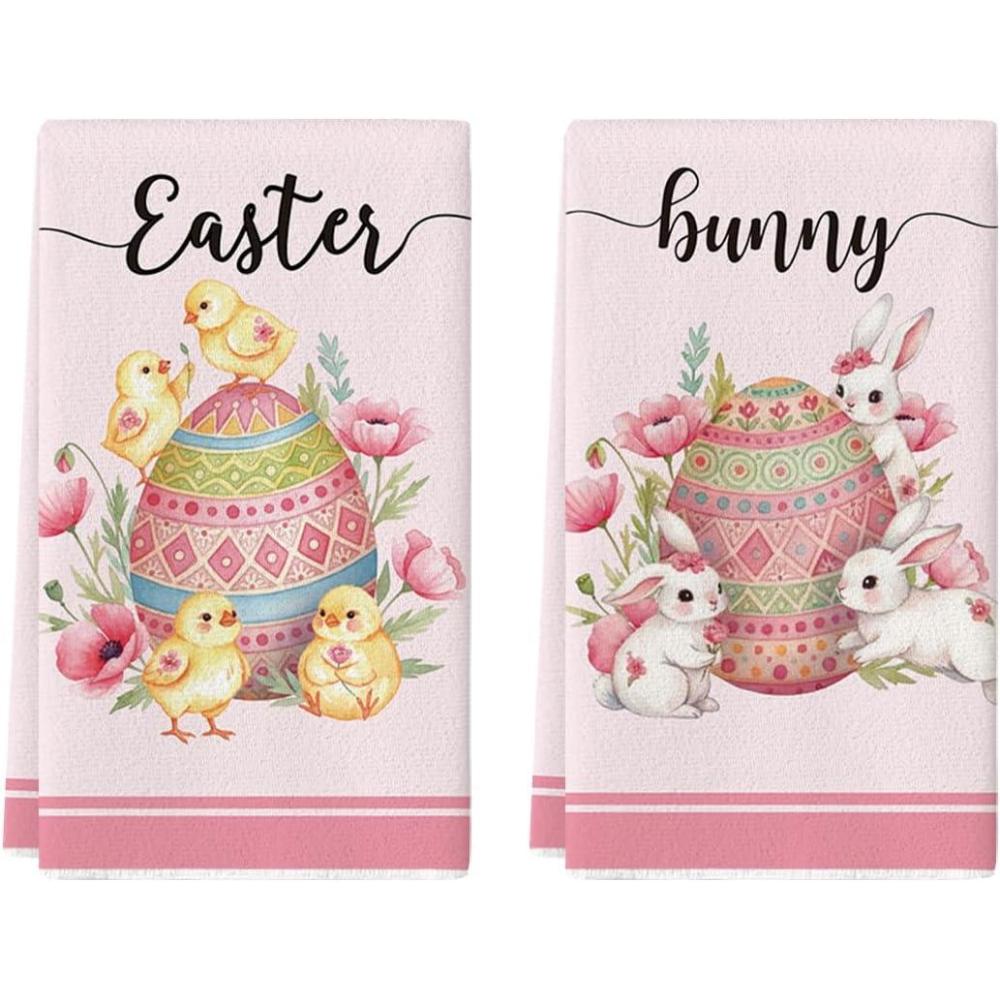image:imageArtoid Mode Pink Bird Rabbit Poppy Bunny Eggs Easter Spring Kitchen Towels Dish Towels 18x26 Inch Farmhouse Summer Decoration Cleaning Set of 2