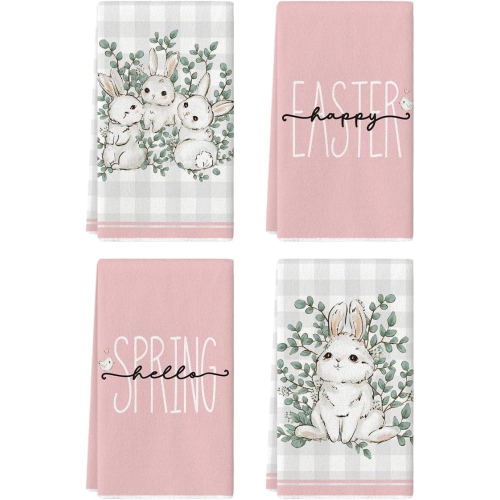 image:imageArtoid Mode Pink Bunny Rabbit Eucalyptus Easter Kitchen Towels Dish Towels 18x26 Inch Seasonal Spring Decoration Hand Towels Set of 4Pink