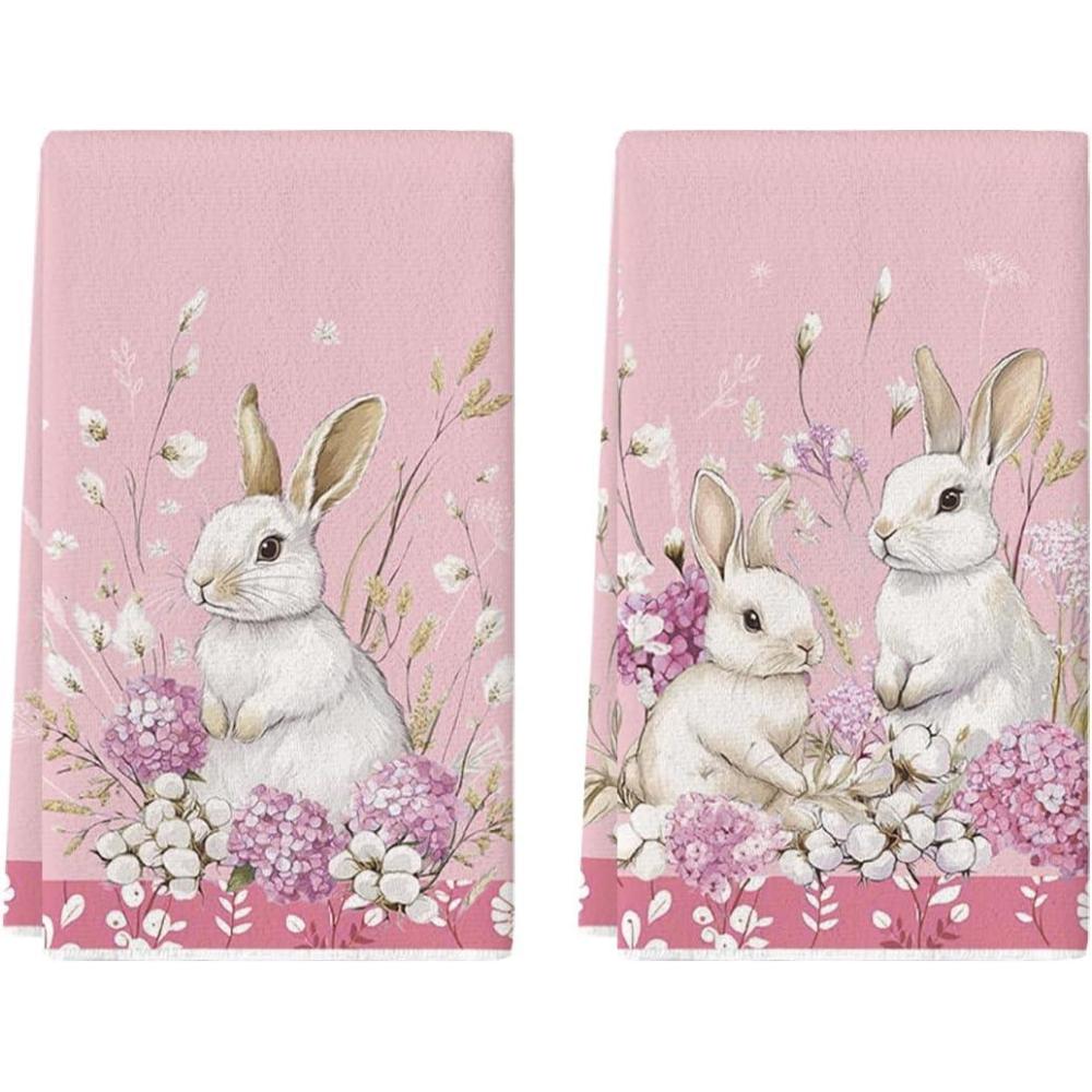 image:imageArtoid Mode Pink Rabbit Bunny Easter Hydrangea Flower Kitchen Towels Dish Towels 18x26 Inch Seasonal Spring Decoration Cleaning Set of 2Pink