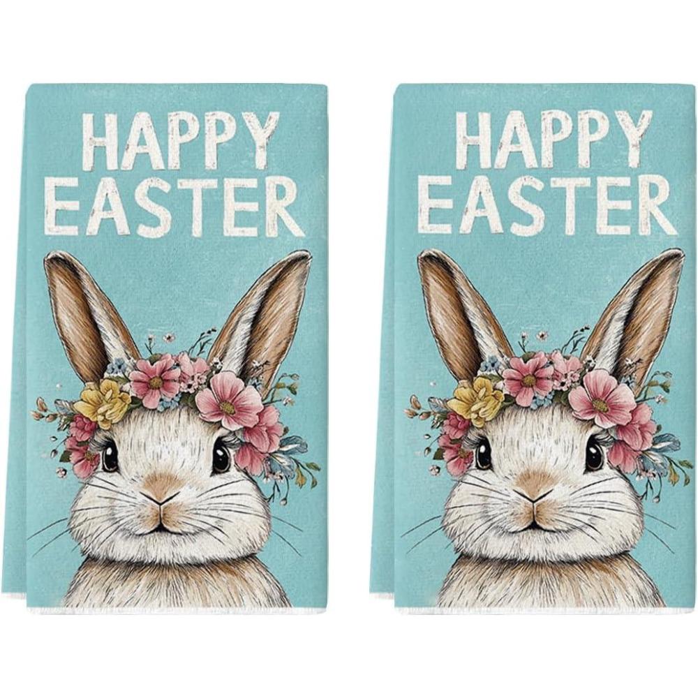 image:imageArtoid Mode Pink Rabbit Flower Wreath Happy Easter Spring Kitchen Towels Dish Towels 18x26 Inch Farmhouse Summer Decoration Cleaning Set of 2Blue