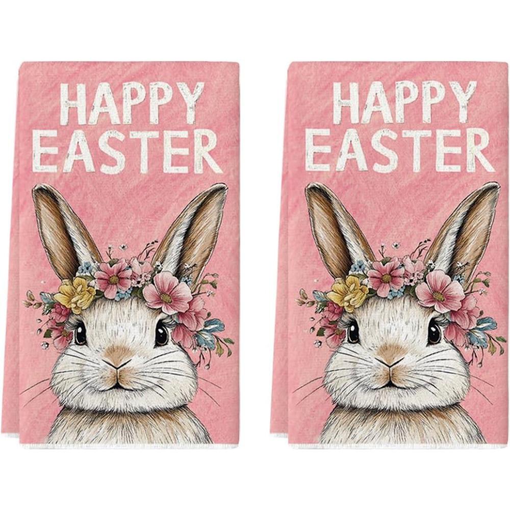 image:imageArtoid Mode Pink Rabbit Flower Wreath Happy Easter Spring Kitchen Towels Dish Towels 18x26 Inch Farmhouse Summer Decoration Cleaning Set of 2Pink