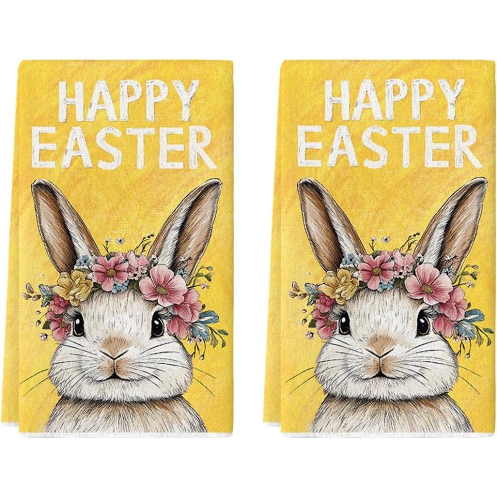 image:imageArtoid Mode Pink Rabbit Flower Wreath Happy Easter Spring Kitchen Towels Dish Towels 18x26 Inch Farmhouse Summer Decoration Cleaning Set of 2Yellow