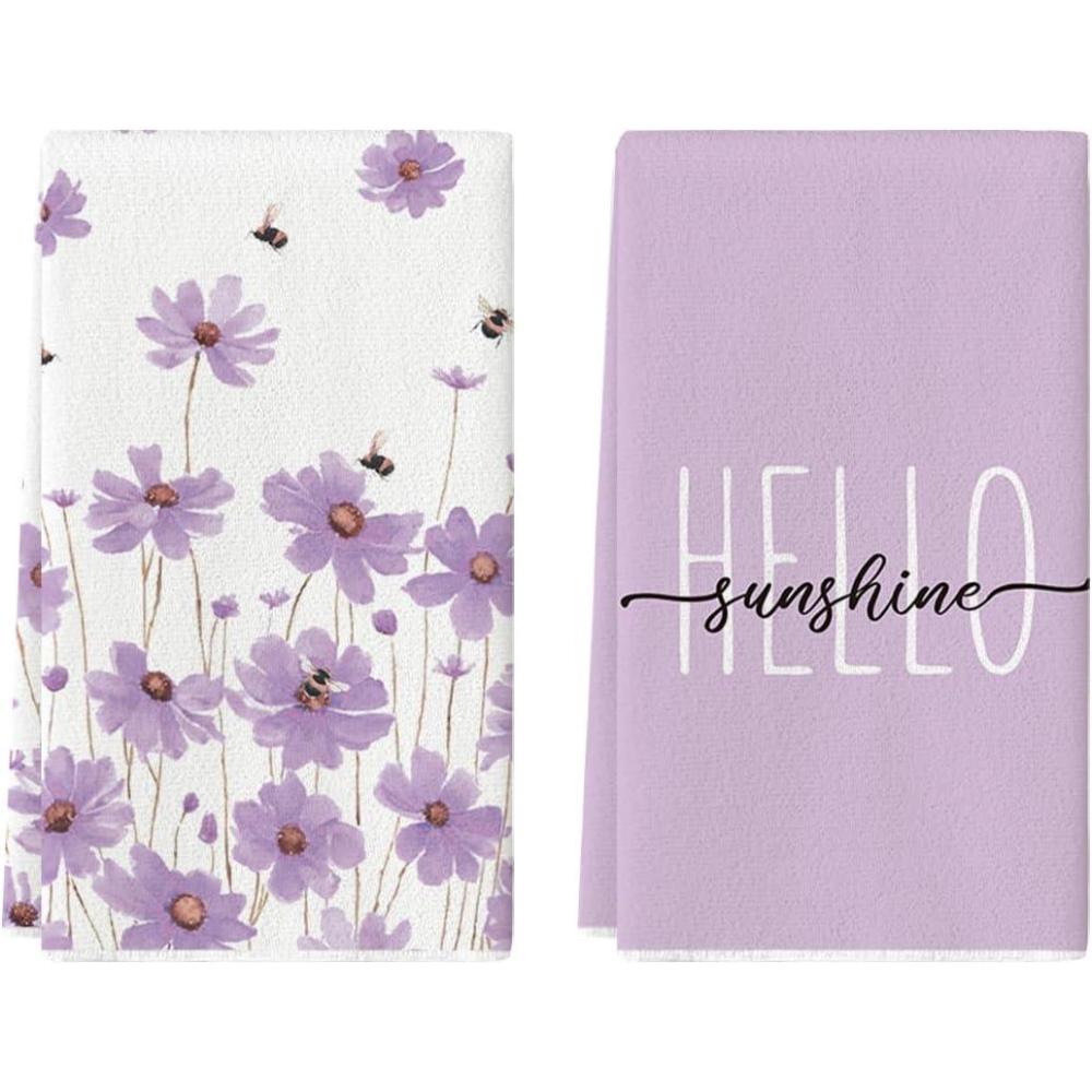 image:imageArtoid Mode Purple Flowers Bee Hello Sunshine Summer Kitchen Towels Dish Towels 18x26 Inch Seasonal Holiday Decoration Hand Towels Set of 2Purple