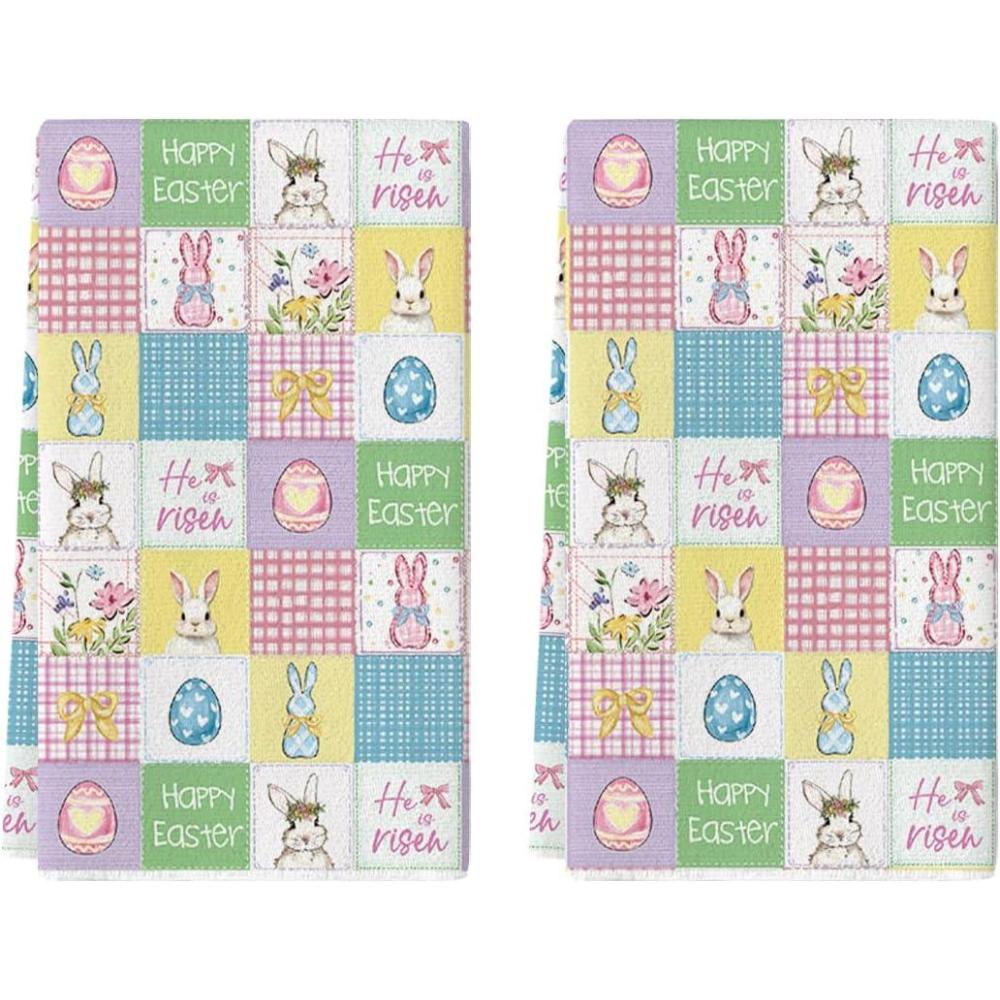 image:imageArtoid Mode Rabbit Bow Wreath Bunny Eggs Flower Happy Easter Spring Kitchen Towels Dish Towels 18x26 Inch Farmhouse Summer Decoration Cleaning Set of 2