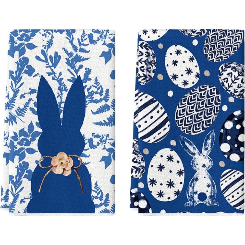 image:imageArtoid Mode Rabbit Bunny Eggs Easter Flower Kitchen Towels Dish Towels 18x26 Inch Seasonal Spring Decoration Cleaning Set of 2Blue