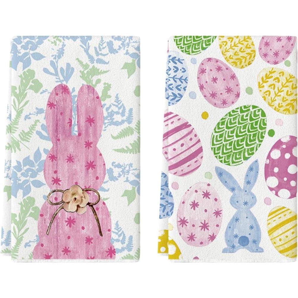 image:imageArtoid Mode Rabbit Bunny Eggs Easter Flower Kitchen Towels Dish Towels 18x26 Inch Seasonal Spring Decoration Cleaning Set of 2PinkBeige