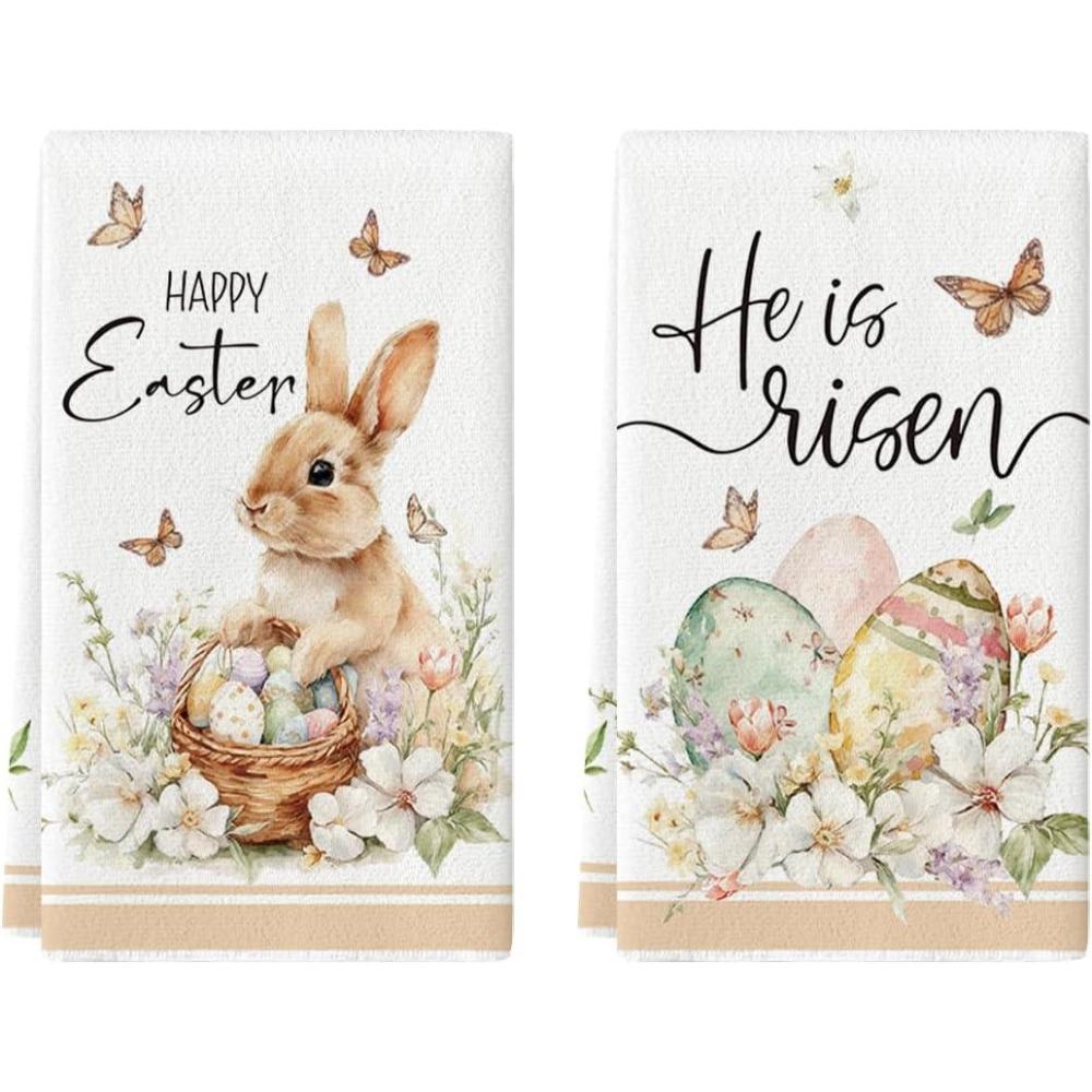 image:imageArtoid Mode Rabbit Butterfly Bunny Eggs Flowers Happy Easter Spring Kitchen Towels Dish Towels 18x26 Inch Farmhouse Summer Decoration Cleaning Set of 2
