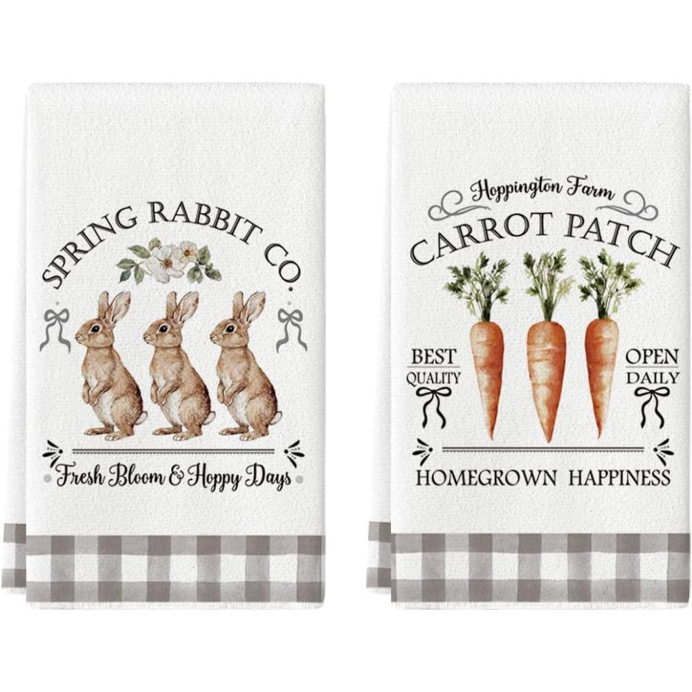image:imageArtoid Mode Rabbit Carrot Homegrown Happiness Flower Easter Spring Kitchen Towels Dish Towels 18x26 Inch Farmhouse Summer Decoration Cleaning Set of 2
