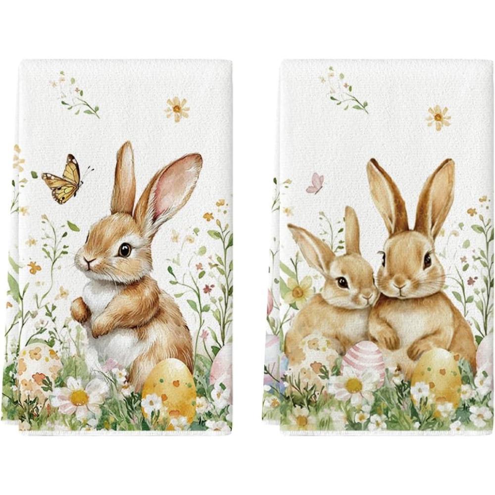 image:imageArtoid Mode Rabbit Daisy Butterfly Bunny Eggs Flowers Easter Spring Kitchen Towels Dish Towels 18x26 Inch Farmhouse Summer Decoration Cleaning Set of 2