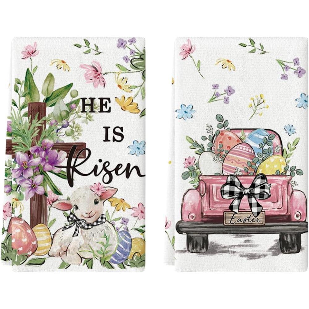 image:imageArtoid Mode Sheep Truck Bunny Eggs Bow Leaves Flowers Easter Spring Kitchen Towels Dish Towels 18x26 Inch Farmhouse Summer Decoration Cleaning Set of 2