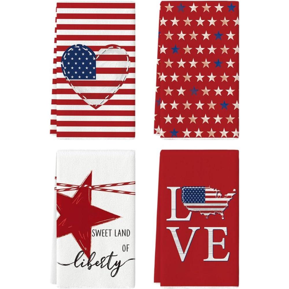 image:imageArtoid Mode Stripe America Stars Love Patriotic 4th of July Kitchen Towels Dish Towels 18x26 Inch Memorial Day Decoration Hand Towels Set of 4