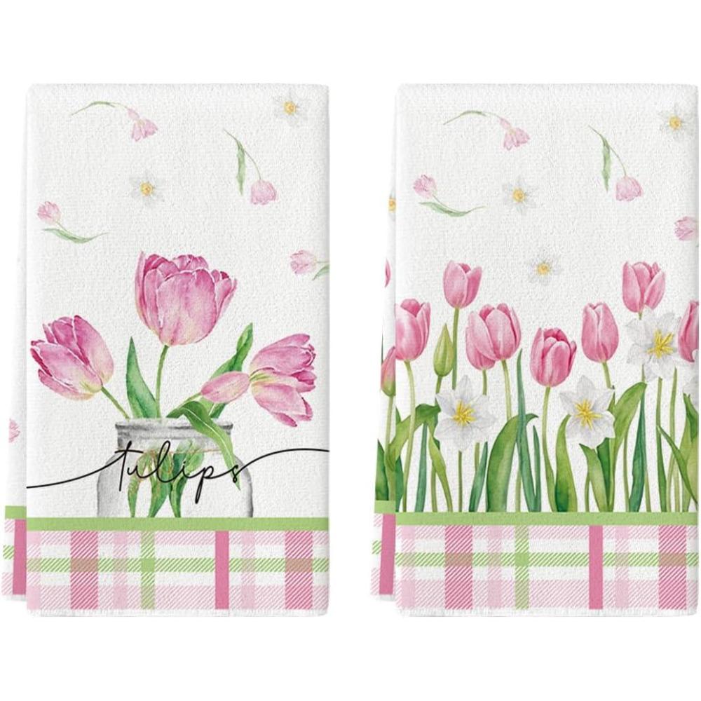 image:imageArtoid Mode Tulip Buffalo Plaid Flowers Spring Kitchen Towels Dish Towels 18x26 Inch Seasonal Floral Decoration Hand Towels Set of 2