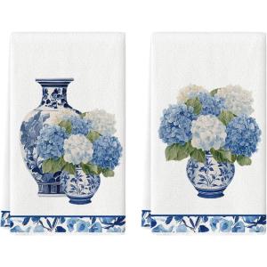 Artoid Mode Beige Hydrangea Vase Lace Spring Kitchen Towels Dish Towels, 18×26 Inch Farmhouse Summer Decoration Cleaning Set of 2