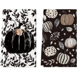 Artoid Mode Black Polka Dot Pumpkin Fall Kitchen Towels Dish Towels, 18×26 Inch Farmhouse Leaves Autumn Decoration Hand Towels Set of 2