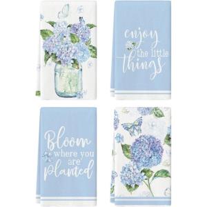 Artoid Mode Blue Hydrangea Motto Spring Kitchen Towels Dish Towels, 18×26 Inch Farmhouse Decoration Hand Towels Set of 4