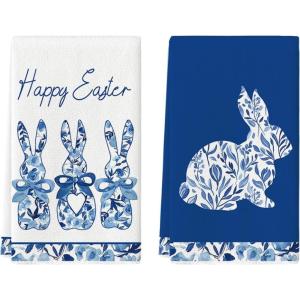 Artoid Mode Blue Rabbits Bunny Bow Easter Kitchen Towels Dish Towels, 18×26 Inch Celadon Spring Farmhouse Holiday Decoration Hand Towels Set of 2