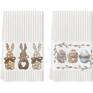 Artoid Mode Blue Stripe Rabbit Bunny Eggs Easter Kitchen Towels Dish Towels, 18×26 Inch Seasonal Spring Decoration Cleaning Set of 2(Beige)