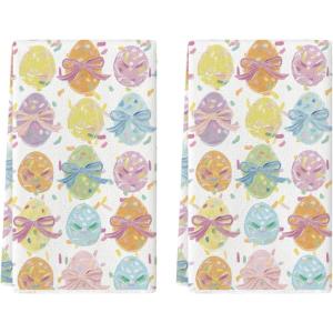 Artoid Mode Bow Bunny Eggs Happy Easter Spring Kitchen Towels Dish Towels, 18×26 Inch Farmhouse Summer Decoration Cleaning Set of 2