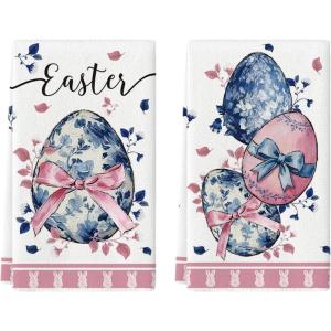 Artoid Mode Bow Bunny Eggs Rabbit Flowers Easter Spring Kitchen Towels Dish Towels, 18×26 Inch Farmhouse Summer Decoration Cleaning Set of 2