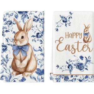 Artoid Mode Bow Rabbit Blue Porcelain Flowers Happy Easter Spring Kitchen Towels Dish Towels, 18×26 Inch Farmhouse Summer Decoration Cleaning Set of 2