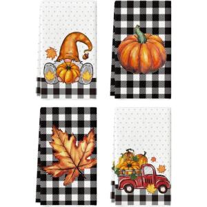 Artoid Mode Buffalo Plaid Pumpkin Truck Sunflower Gnome Fall Kitchen and Dish Towels, 18 x 26 Inch Harvest Thanksgiving Ultra Absorbent Drying Cloth Tea Towels Set of 4