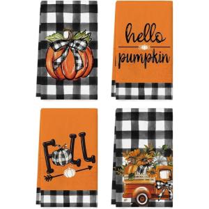 Artoid Mode Buffalo Plaid Truck Hello Pumpkin Fall Kitchen Towels Dish Towels, 18×26 Inch Farmhouse Thanksgiving Decoration Hand Towels Set of 4