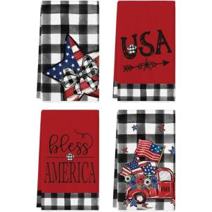Artoid Mode Buffalo Plaid USA Stars Patriotic 4th of July Kitchen Towels Dish Towels, 18×26 Inch Memorial Day Decoration Hand Towels Set of 4