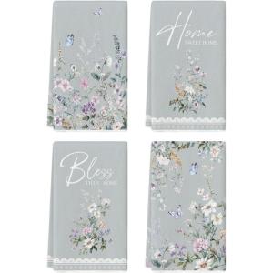 Artoid Mode Butterfly Floral Bless Home Spring Kitchen Towels Dish Towels, 18×26 Inch Farmhouse Summer Decoration Cleaning Set of 4