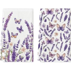Artoid Mode Butterfly Lavender Spring Kitchen Towels Dish Towels, 18×26 Inch Farmhouse Summer Decoration Cleaning Set of 2