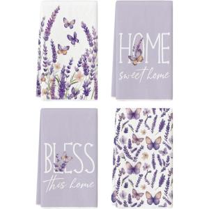 Artoid Mode Butterfly Lavender Sweet Home Spring Kitchen Towels Dish Towels, 18×26 Inch Farmhouse Summer Decoration Cleaning Set of 4