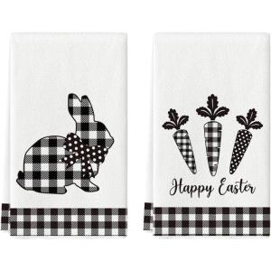 Artoid Mode Checkered Rabbit Bunny Carrots Happy Easter Kitchen Dish Towels,18×26 Inch Seasonal Spring Decoration Cleaning Set of 2(Black/Beige)