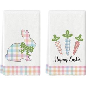 Artoid Mode Checkered Rabbit Bunny Carrots Happy Easter Kitchen Dish Towels,18×26 Inch Seasonal Spring Decoration Cleaning Set of 2(Colorful)