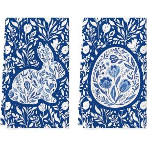 Artoid Mode Chinoiserie Rabbit Bunny Eggs Easter Flower Kitchen Towels Dish Towels, 18×26 Inch Seasonal Spring Decoration Cleaning Set of 2(Dark Blue)