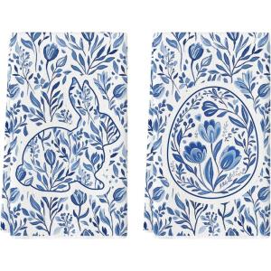 Artoid Mode Chinoiserie Rabbit Bunny Eggs Easter Flower Kitchen Towels Dish Towels, 18×26 Inch Seasonal Spring Decoration Cleaning Set of 2(Light Blue)