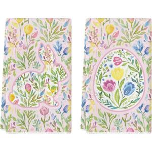 Artoid Mode Chinoiserie Rabbit Bunny Eggs Easter Flower Kitchen Towels Dish Towels, 18×26 Inch Seasonal Spring Decoration Cleaning Set of 2(Pink/Grenn)