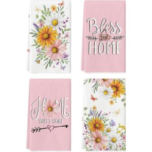 Artoid Mode Floral Love Heart Butterfly Spring Kitchen Towels Dish Towels, 18×26 Inch Farmhouse Summer Decoration Cleaning Set of 4