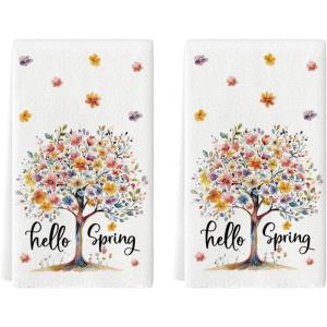 Artoid Mode Floral Tree Hello Spring Kitchen Towels Dish Towels, 18×26 Inch Farmhouse Summer Decoration Cleaning Set of 2