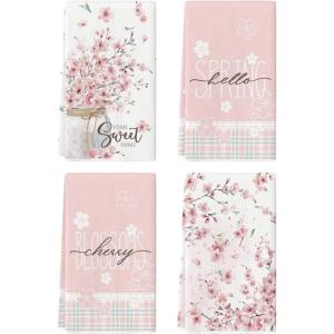 Artoid Mode Flower Cherry Blossoms Vase Hello Spring Kitchen Towels Dish Towels, 18×26 Inch Seasonal Sweet Home Decoration Hand Towels Set of 4